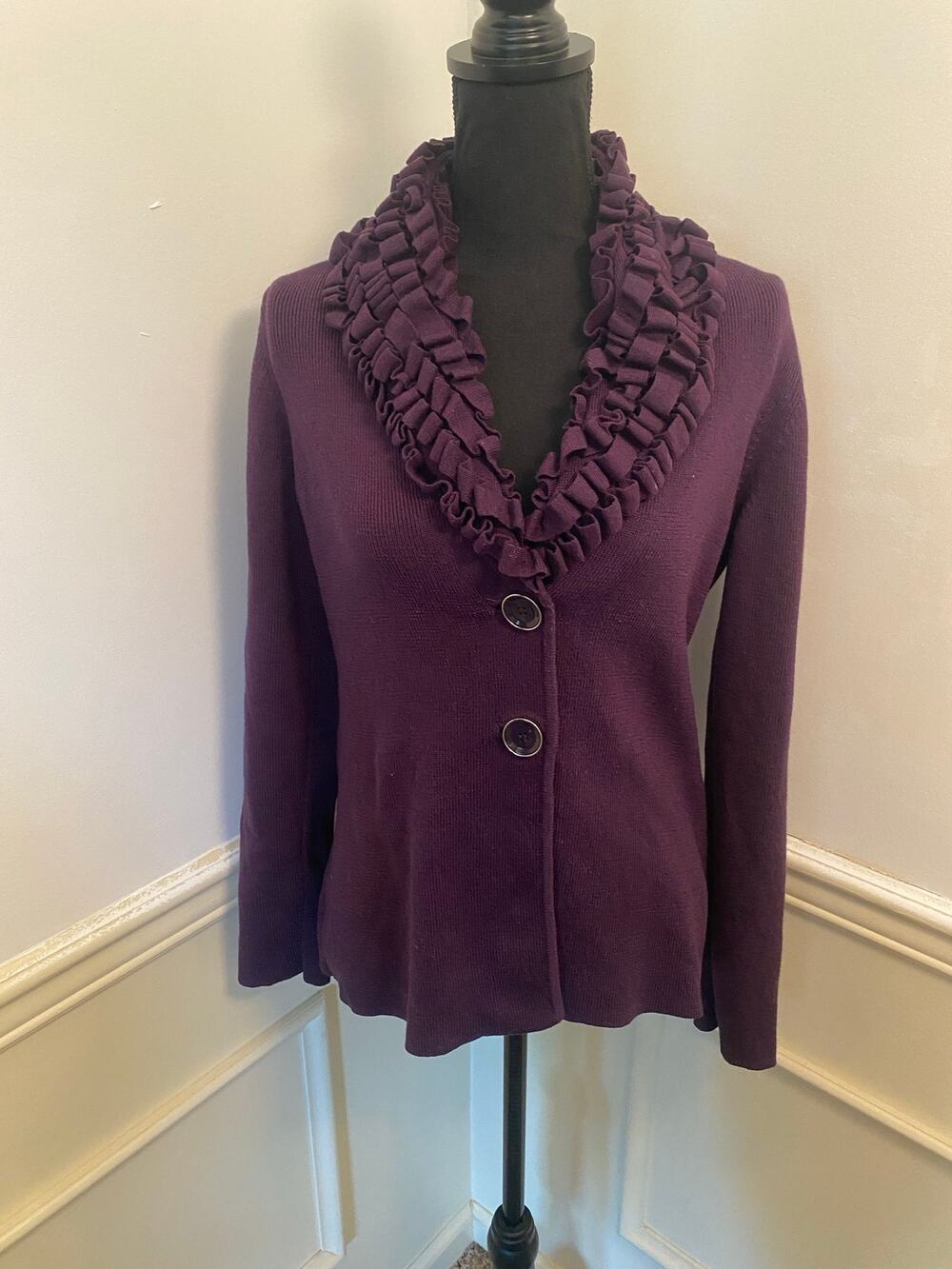 Classiques Entier Nordstrom Purple Merino Wool Ruffle Collar Cardigan Chunky